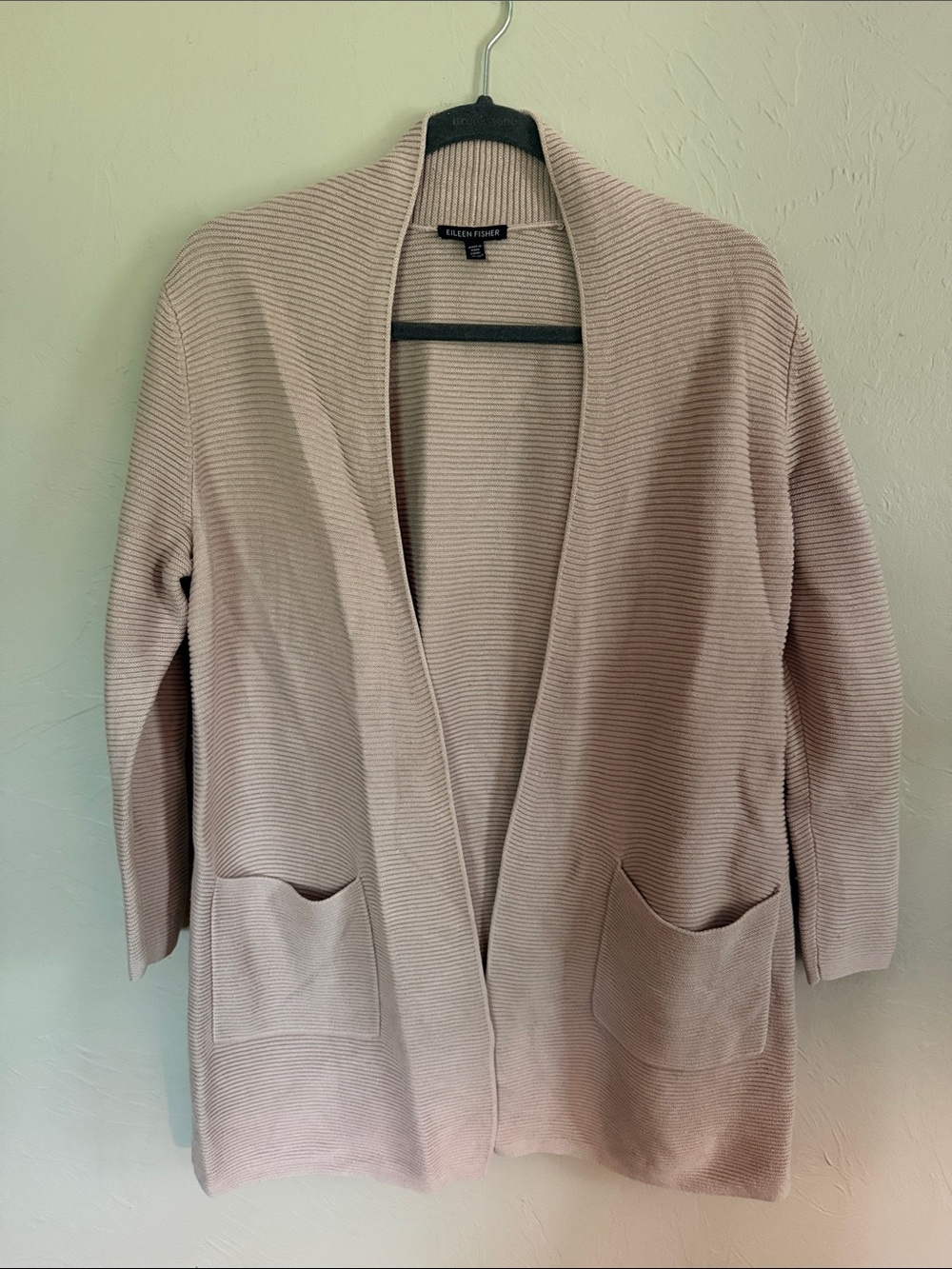 Eileen Fisher Silk and Cashmere Ribbed Open-Front Cardigan in Blush